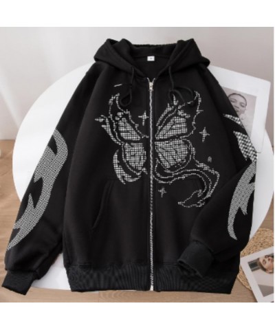 Y2k Vintage Zip Up Hoodie for Women Oversized Butterfly Graphic Long Sleeve Hooded Aesthetic Sweatshirt Jacket Black $10.25 H...