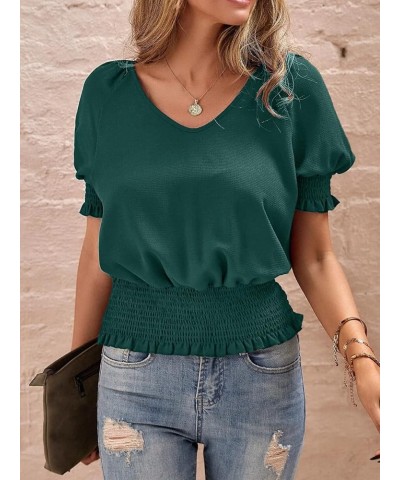 Womens Tops Dressy Casual Smocked Waist Elegant Ruched V Neck Ruffle Blouse Green $20.99 Blouses