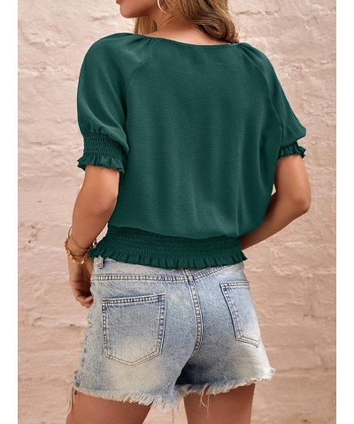 Womens Tops Dressy Casual Smocked Waist Elegant Ruched V Neck Ruffle Blouse Green $20.99 Blouses