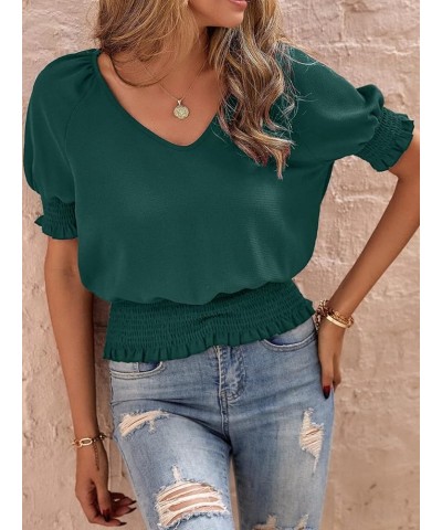 Womens Tops Dressy Casual Smocked Waist Elegant Ruched V Neck Ruffle Blouse Green $20.99 Blouses