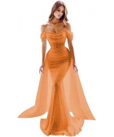 Mermaid Prom Dresses for Women 2023 Off Shoulder Sequin Evening Formal Gown with Detachable Train CM147 Orange $46.55 Dresses