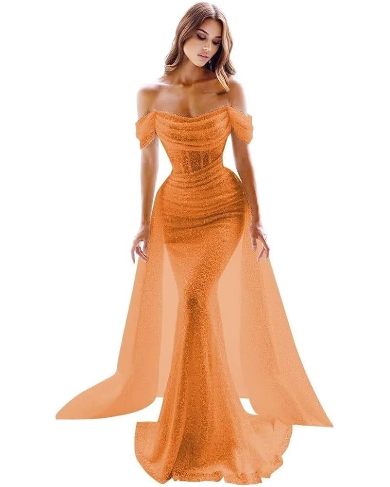 Mermaid Prom Dresses for Women 2023 Off Shoulder Sequin Evening Formal Gown with Detachable Train CM147 Orange $46.55 Dresses