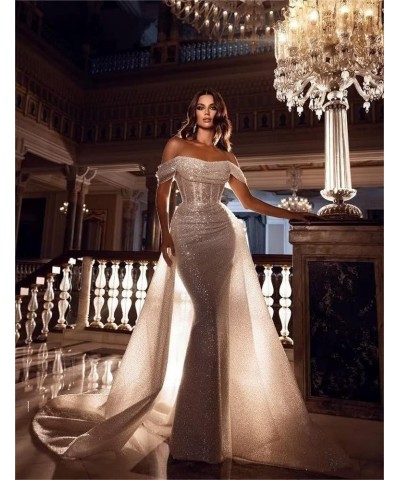 Mermaid Prom Dresses for Women 2023 Off Shoulder Sequin Evening Formal Gown with Detachable Train CM147 Orange $46.55 Dresses