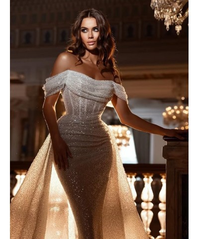 Mermaid Prom Dresses for Women 2023 Off Shoulder Sequin Evening Formal Gown with Detachable Train CM147 Orange $46.55 Dresses