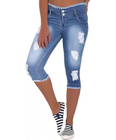 Capris Jeans for Women Casual Summer Ripped Roll Up Hem Mid Waist Soft Medieum Blue $18.04 Jeans