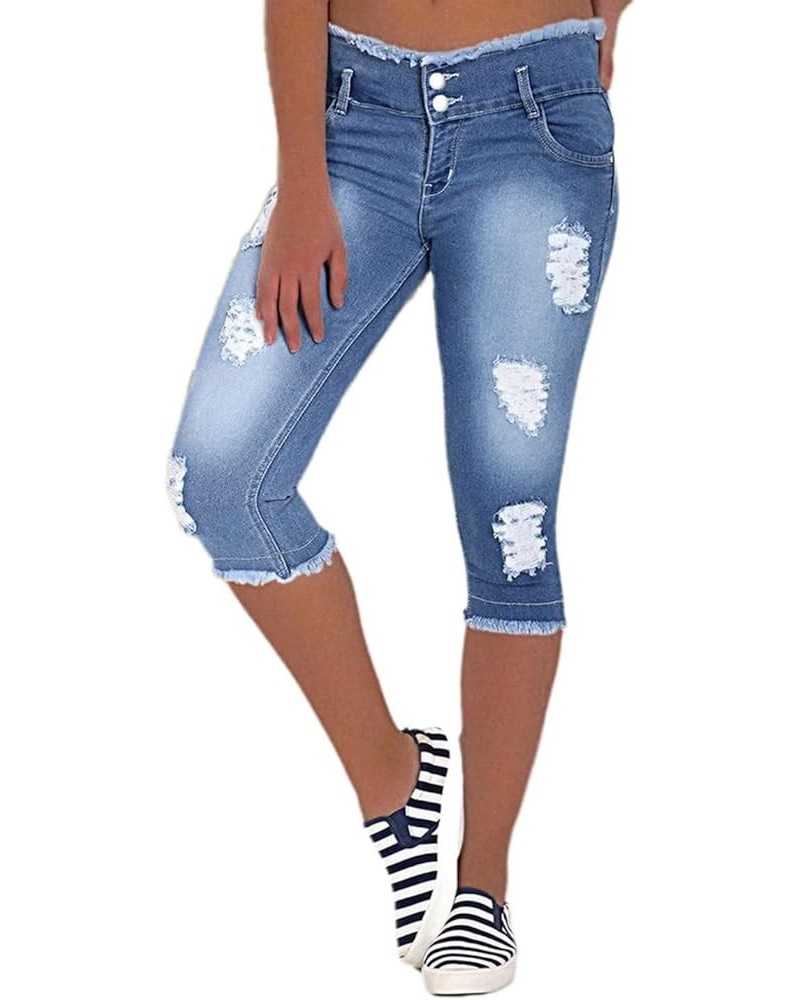 Capris Jeans for Women Casual Summer Ripped Roll Up Hem Mid Waist Soft Medieum Blue $18.04 Jeans