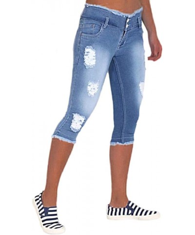 Capris Jeans for Women Casual Summer Ripped Roll Up Hem Mid Waist Soft Medieum Blue $18.04 Jeans