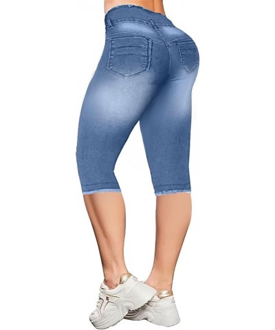 Capris Jeans for Women Casual Summer Ripped Roll Up Hem Mid Waist Soft Medieum Blue $18.04 Jeans