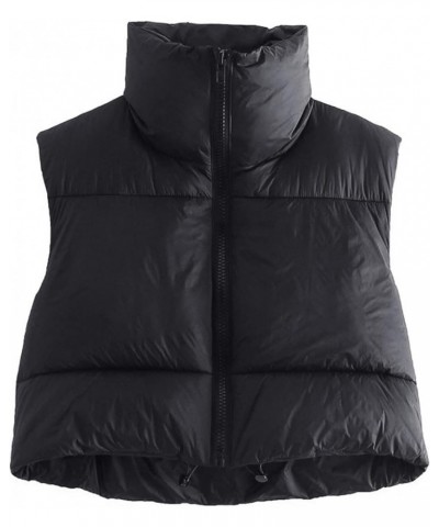 Women Stand Collar Cropped Puffer Vest Sleeveless Zipper Padded Gilet Lightweight Winter Warm Outerwear Black $11.00 Vests