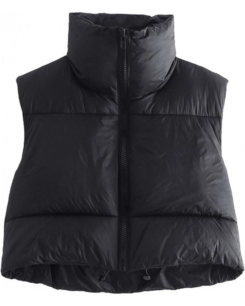 Women Stand Collar Cropped Puffer Vest Sleeveless Zipper Padded Gilet Lightweight Winter Warm Outerwear Black $11.00 Vests