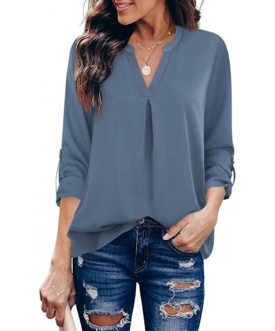 Women's Blouses 3/4 Sleeve Work Shirt Chiffon Tunic Top Office Wear Blue Grey $17.84 Blouses