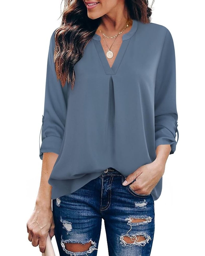 Women's Blouses 3/4 Sleeve Work Shirt Chiffon Tunic Top Office Wear Blue Grey $17.84 Blouses