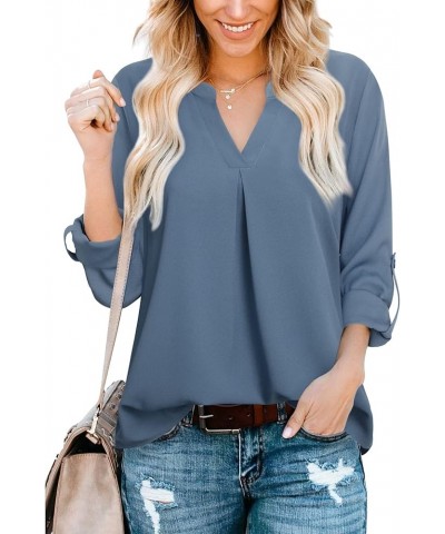 Women's Blouses 3/4 Sleeve Work Shirt Chiffon Tunic Top Office Wear Blue Grey $17.84 Blouses