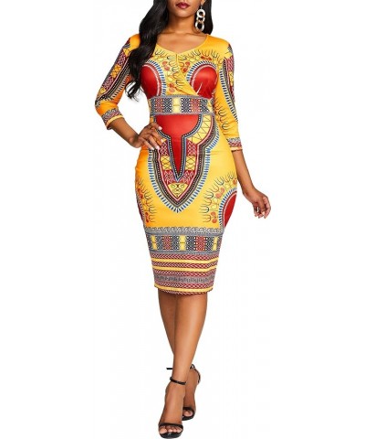 Mid-Calf V Neck Three Quarter Sleeve Print Women's Bodycon Dress African Midi Dress Ochre $28.04 Dresses