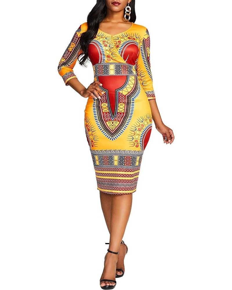 Mid-Calf V Neck Three Quarter Sleeve Print Women's Bodycon Dress African Midi Dress Ochre $28.04 Dresses