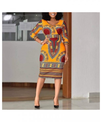 Mid-Calf V Neck Three Quarter Sleeve Print Women's Bodycon Dress African Midi Dress Ochre $28.04 Dresses