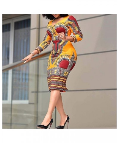 Mid-Calf V Neck Three Quarter Sleeve Print Women's Bodycon Dress African Midi Dress Ochre $28.04 Dresses