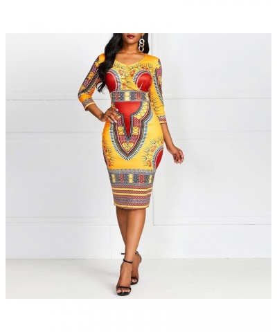 Mid-Calf V Neck Three Quarter Sleeve Print Women's Bodycon Dress African Midi Dress Ochre $28.04 Dresses