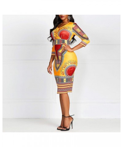 Mid-Calf V Neck Three Quarter Sleeve Print Women's Bodycon Dress African Midi Dress Ochre $28.04 Dresses