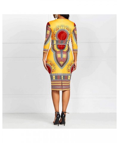 Mid-Calf V Neck Three Quarter Sleeve Print Women's Bodycon Dress African Midi Dress Ochre $28.04 Dresses