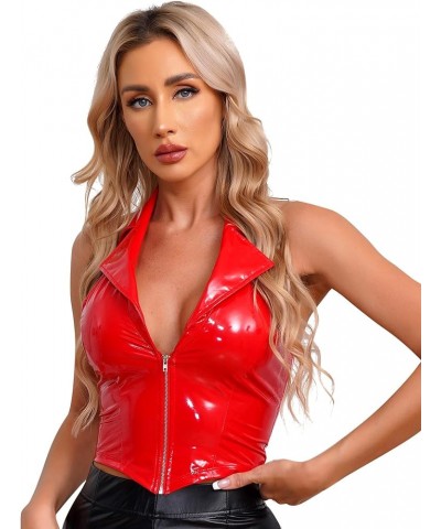 Women's Sexy Clubwear Patent Leather Crop Tops Camisole Wet Look Sleeveless Tank Tops Red a $6.81 Tanks