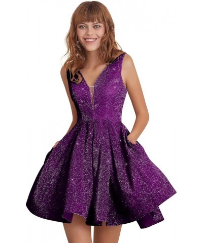 Glitter Homecoming Dresses for Teens Spaghetti Strap Short Prom Dress for Women Formal Evening Gown with Pockets Short-grape ...