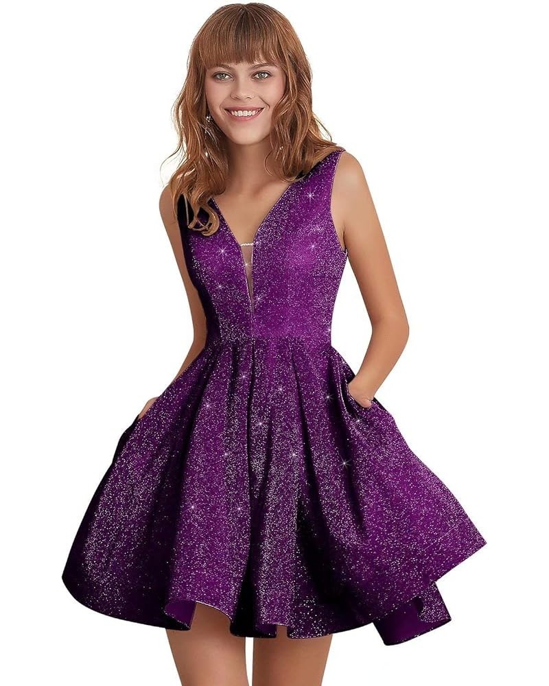 Glitter Homecoming Dresses for Teens Spaghetti Strap Short Prom Dress for Women Formal Evening Gown with Pockets Short-grape ...