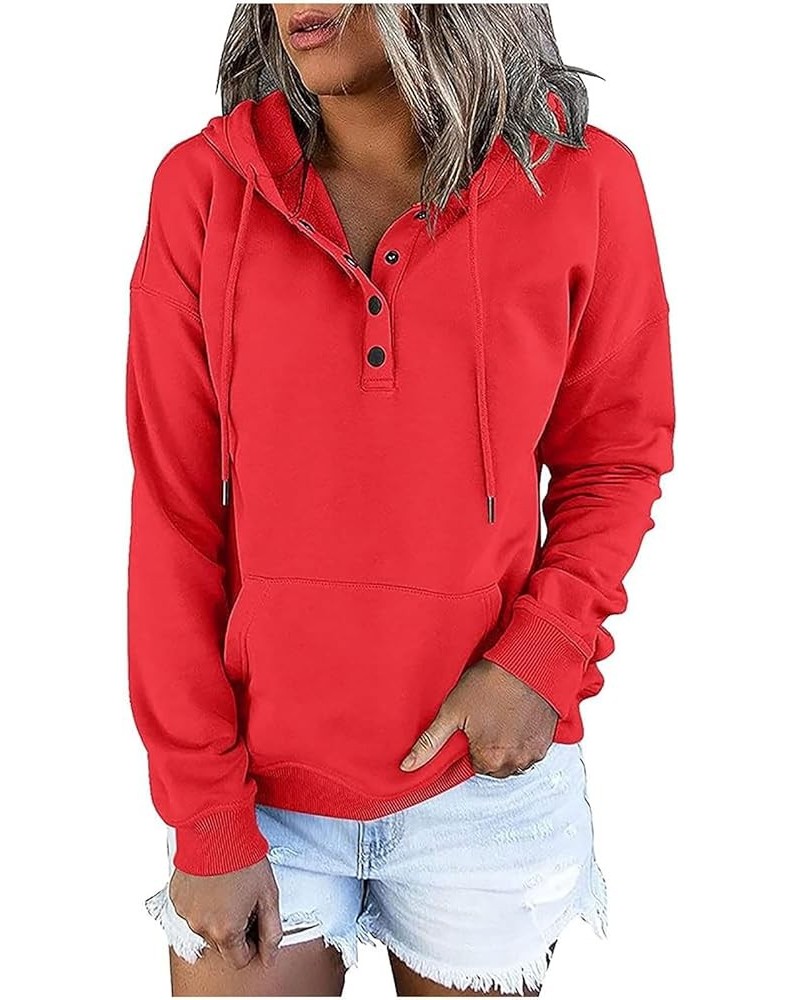 Women's Fashion Hoodies Sweatshirts Cute Fall Tops Drawstring Button Collar Pullover Casual Long Sleeve Hooded Shirts A03-red...