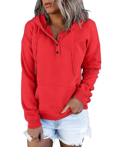 Women's Fashion Hoodies Sweatshirts Cute Fall Tops Drawstring Button Collar Pullover Casual Long Sleeve Hooded Shirts A03-red...