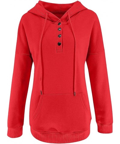 Women's Fashion Hoodies Sweatshirts Cute Fall Tops Drawstring Button Collar Pullover Casual Long Sleeve Hooded Shirts A03-red...