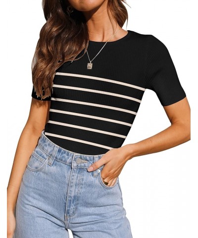 Women's Stripe Ribbed T-Shirt Short Sleeve Summer Shirts 2024 Knit Slim Fit Basic Solid Color Tee Tops Stripeblack $15.57 Tops