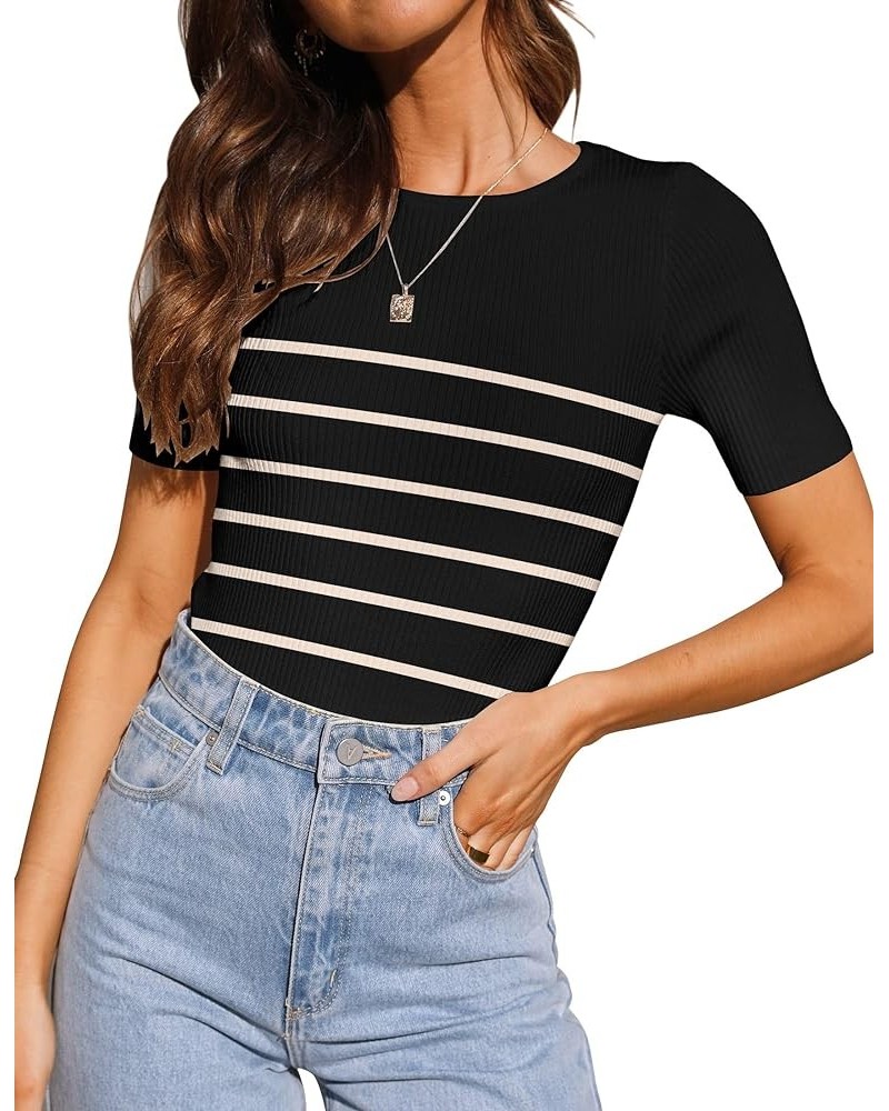 Women's Stripe Ribbed T-Shirt Short Sleeve Summer Shirts 2024 Knit Slim Fit Basic Solid Color Tee Tops Stripeblack $15.57 Tops