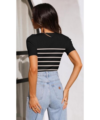 Women's Stripe Ribbed T-Shirt Short Sleeve Summer Shirts 2024 Knit Slim Fit Basic Solid Color Tee Tops Stripeblack $15.57 Tops