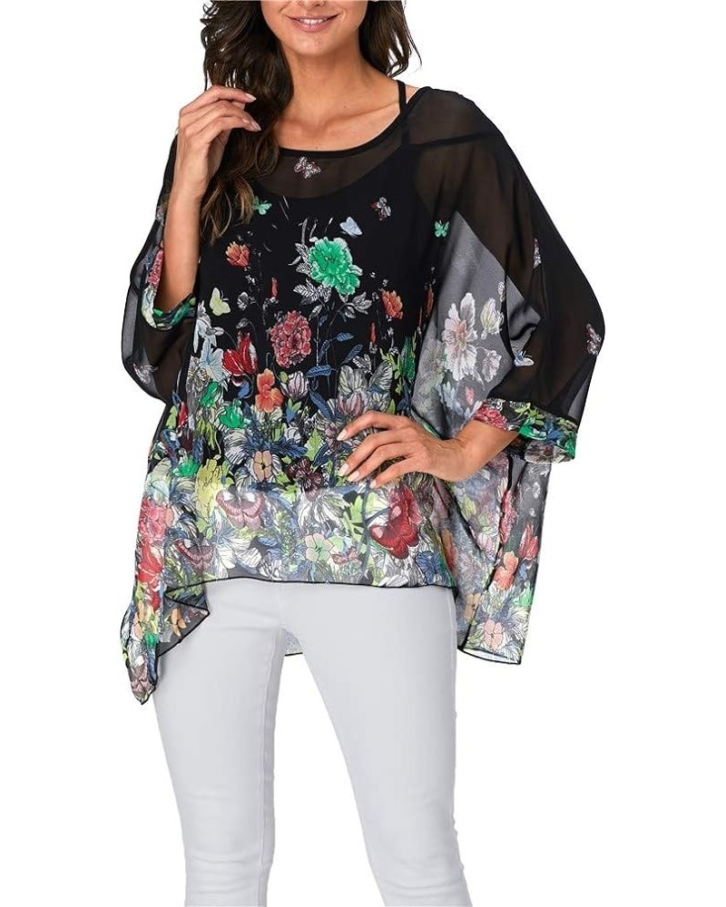 Womens Summer Printed Batwing Sleeve Top Chiffon Poncho Casual Loose Sheer Blouse Shirt 4332 $10.39 Blouses