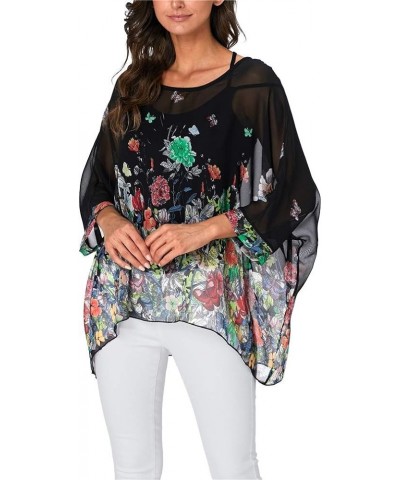 Womens Summer Printed Batwing Sleeve Top Chiffon Poncho Casual Loose Sheer Blouse Shirt 4332 $10.39 Blouses