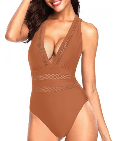 Women One Piece Swimsuit Sexy Plunge V Neck Bathing Suit Hollow Out Monokini Brown $15.36 Swimsuits