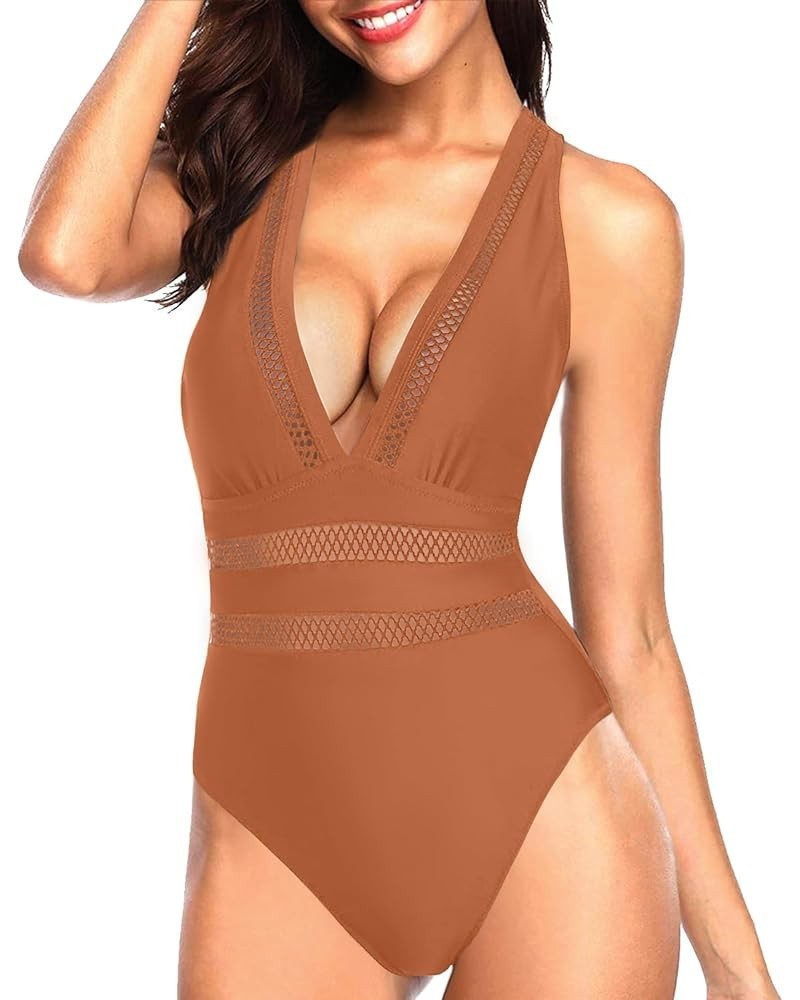 Women One Piece Swimsuit Sexy Plunge V Neck Bathing Suit Hollow Out Monokini Brown $15.36 Swimsuits