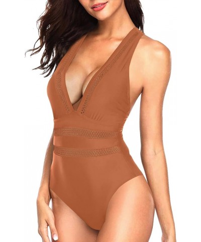 Women One Piece Swimsuit Sexy Plunge V Neck Bathing Suit Hollow Out Monokini Brown $15.36 Swimsuits