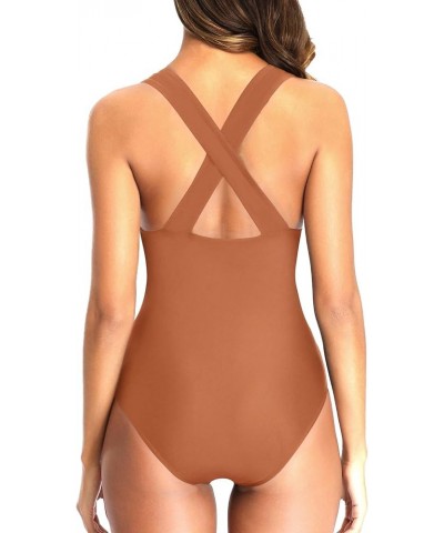 Women One Piece Swimsuit Sexy Plunge V Neck Bathing Suit Hollow Out Monokini Brown $15.36 Swimsuits