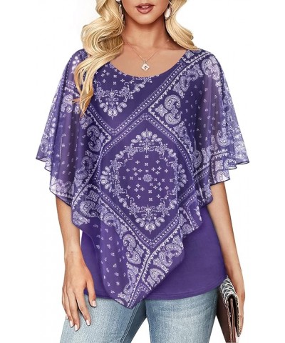 Womens Flowy Blouses Dressy Casual Shirts Lightweight Mesh Poncho Tops Purple-white $17.91 Blouses
