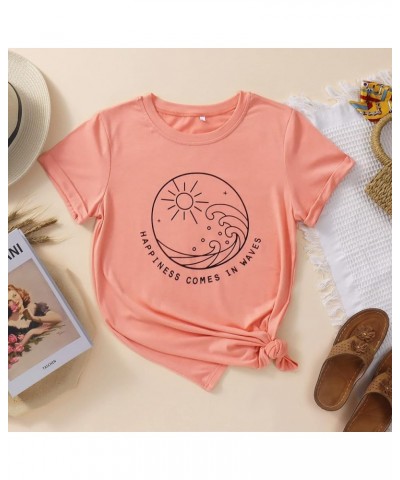 Women's Casual Sun and Waves Graphic T Shirt Happiness Comes in Waves Letter Print Girls Short Sleeve Beach Summer Tee Coral ...