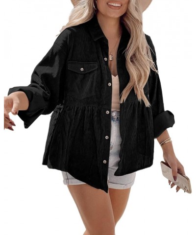 Womens Corduroy Peplum Shacket Jacket Long Sleeve Button Down Babydoll Shirts Oversized Casual Blouses Tops Black $19.97 Blouses