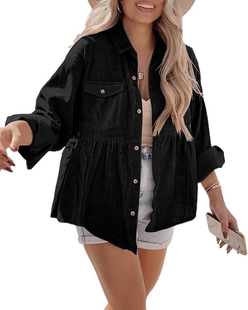 Womens Corduroy Peplum Shacket Jacket Long Sleeve Button Down Babydoll Shirts Oversized Casual Blouses Tops Black $19.97 Blouses