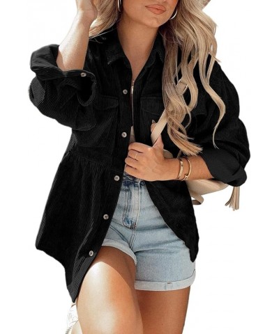 Womens Corduroy Peplum Shacket Jacket Long Sleeve Button Down Babydoll Shirts Oversized Casual Blouses Tops Black $19.97 Blouses