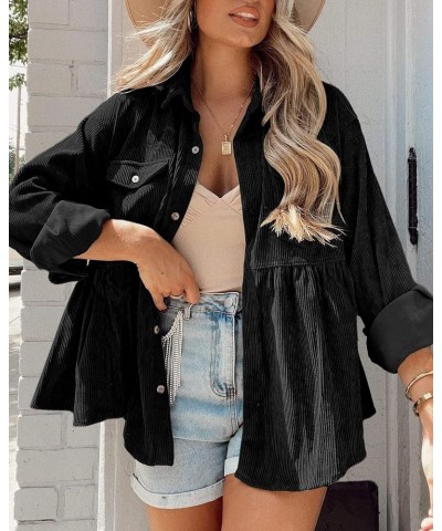 Womens Corduroy Peplum Shacket Jacket Long Sleeve Button Down Babydoll Shirts Oversized Casual Blouses Tops Black $19.97 Blouses