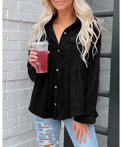 Womens Corduroy Peplum Shacket Jacket Long Sleeve Button Down Babydoll Shirts Oversized Casual Blouses Tops Black $19.97 Blouses