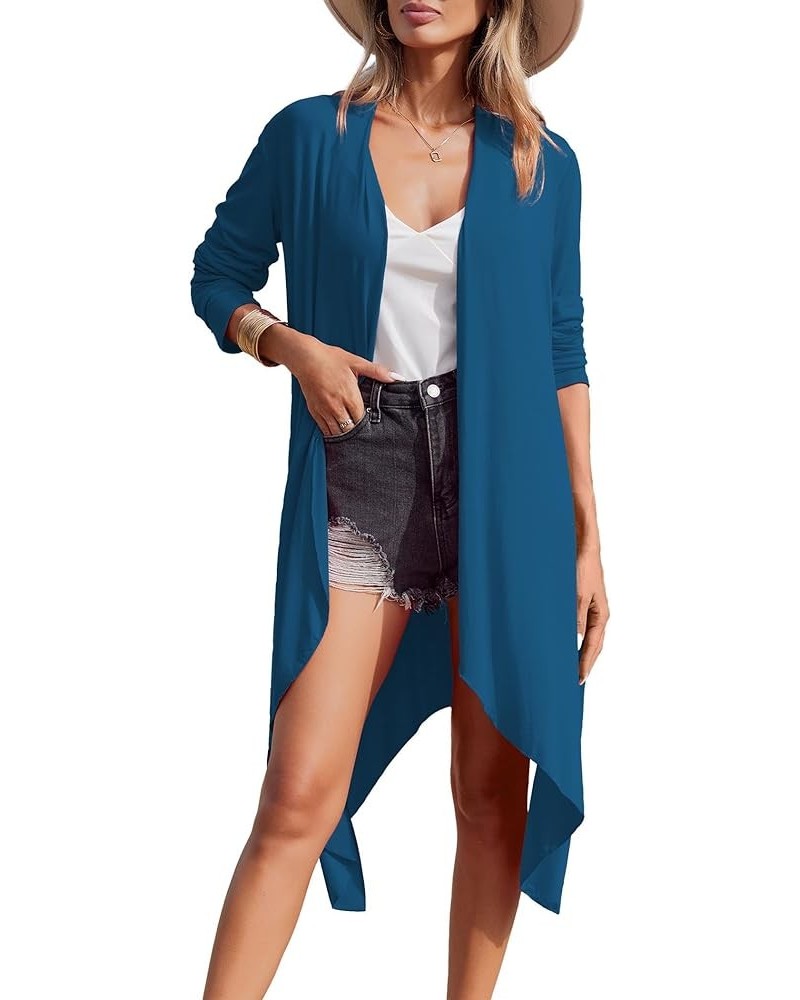 Women's Duster Long Sleeve Cardigan Asymmetric Hem Lightweight Long Open Front Drape Cardigans S-3XL K-teal $10.50 Sweaters