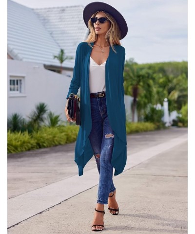 Women's Duster Long Sleeve Cardigan Asymmetric Hem Lightweight Long Open Front Drape Cardigans S-3XL K-teal $10.50 Sweaters