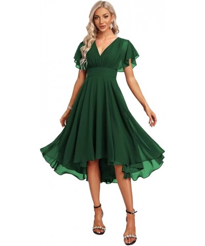 Women's Short Bridesmaid Dresses Flutter Sleeves Ruched Chiffon V Neck Formal Dress with Pockets CM198 Emerald Green $24.84 D...