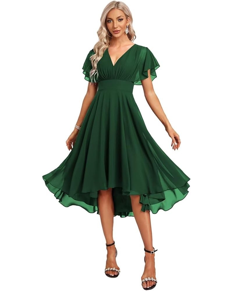 Women's Short Bridesmaid Dresses Flutter Sleeves Ruched Chiffon V Neck Formal Dress with Pockets CM198 Emerald Green $24.84 D...